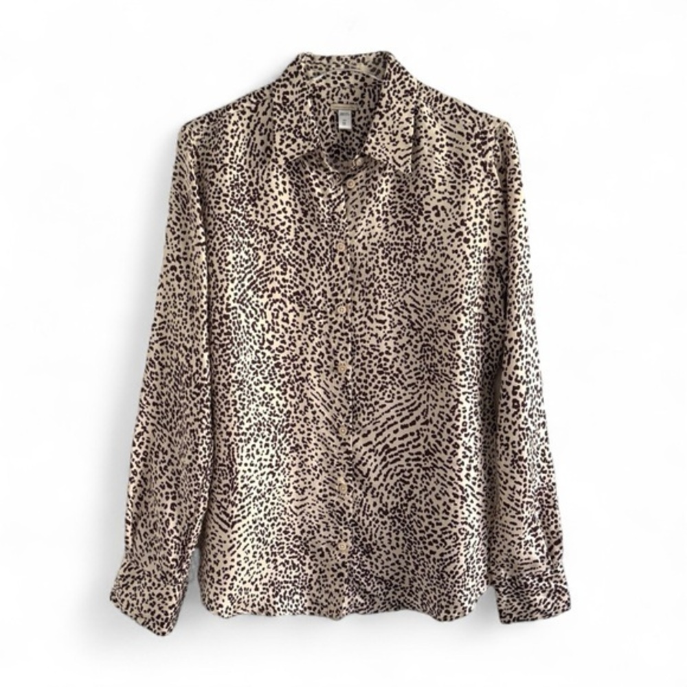 DESIGNER LUXURY MASSIMO ALBA SILK ANIMAL PRINT TAN BROWN SHIRT BLOUSE SZ L